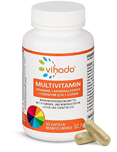 Vihado Multivitamin – Vitamine A-Z und Multimineral-Komplex – 26 Vitamine und Mineralstoffe hochdosiert – Nahrungsergänzungsmittel mit Q10, Zink und Tagetes Erecta – 1 Kapsel/Tag, 60 Kapseln