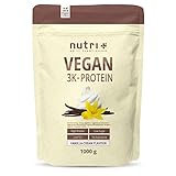 Vegan Protein Pulver Vanille 1kg 84,6% Eiweiß - 3k-Proteinpulver 1000g - Nutri-Plus Shake Vanilla Cream Flavor - pflanzliches Eiweißpulver ohne Lactose, Zucker, Stevia & Milch