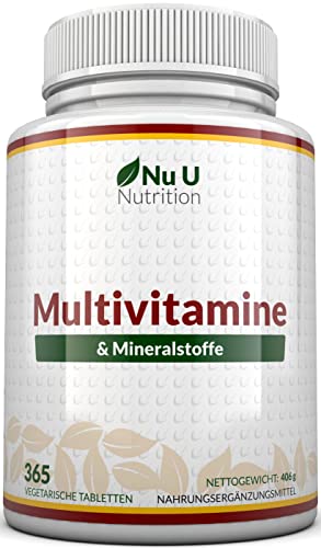 Multivitamin & Mineralstoffe A-Z - 365 Vegetarische Tabletten - 1 Jahresvorrat - 24 Vitamine und Mineralstoffe pro Tablette Hochdosiert - Nu U Nutrition
